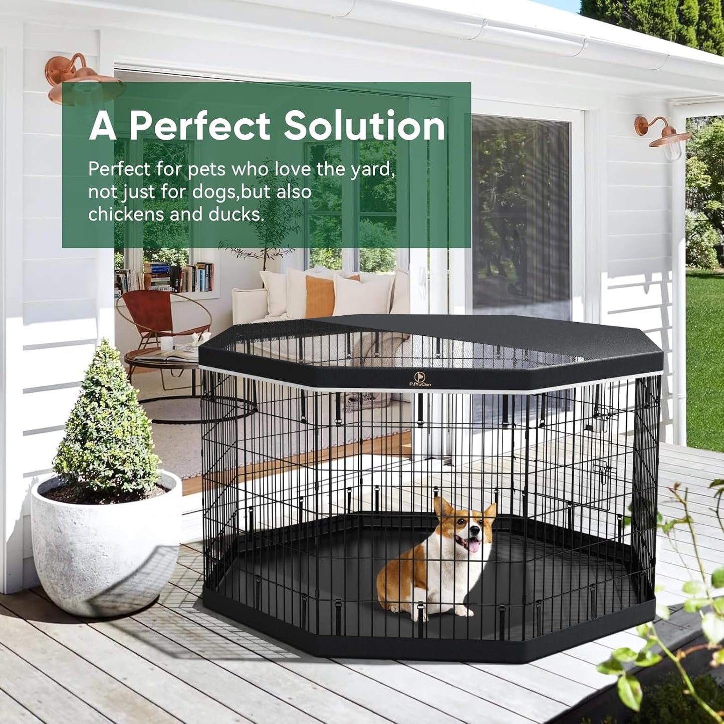 PJYuCien Dog Playpen, 8 Panels 36’’H Dog Pens Indoor with Bottom Pad and Top Cover, Metal Foldable Pet Puppy Exercise Fence Crate Kennel, Better for Medium Animals,Black