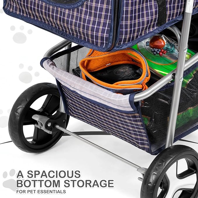 MoNiBloom 3 Wheels Pet Dog Cat Stroller for Small Medium Dogs Cats, Lightweight Foldable Jogger Stroller w/Storage Basket and Cup Holder, Plaid
