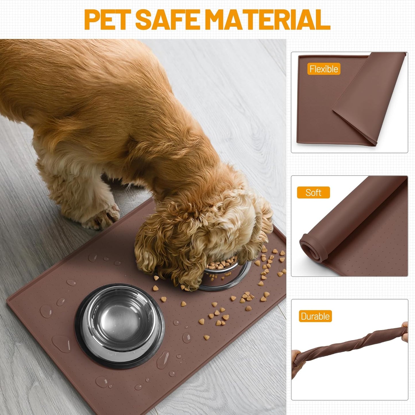 Hubulk Dog Feeding Mat,100% Waterproof Food Grade Silicone Pet Food and Water Bowl Placemat,Dishwasher, High Raised Edge to Prevent Spills,Nonslip Tray to Stop Messes on Floor（24"x16"x0.5", Brown）