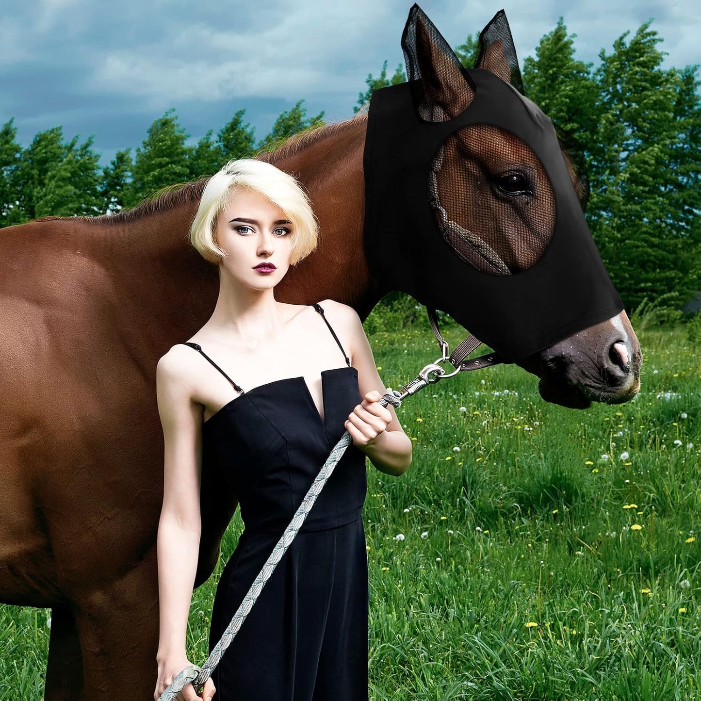 Frienda 4 Pcs Horse Fly Masks with Ears Head Fly Masks for Horses Smooth Elastic UV Protection Cover from Summer Insect Pests(Medium,Black, Gray, Blue, Mint Green)