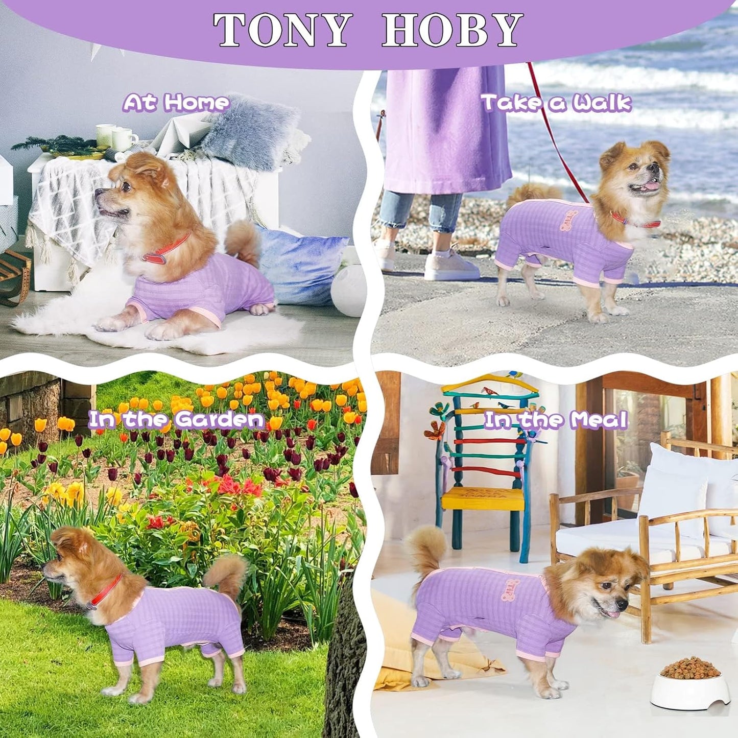 TONY HOBY Dog Pajamas, Dog Recovery Suit After Surgery, Soft Dogs Jumpsuit Shirts for Small Medium Dogs (Purple, Boy, L)