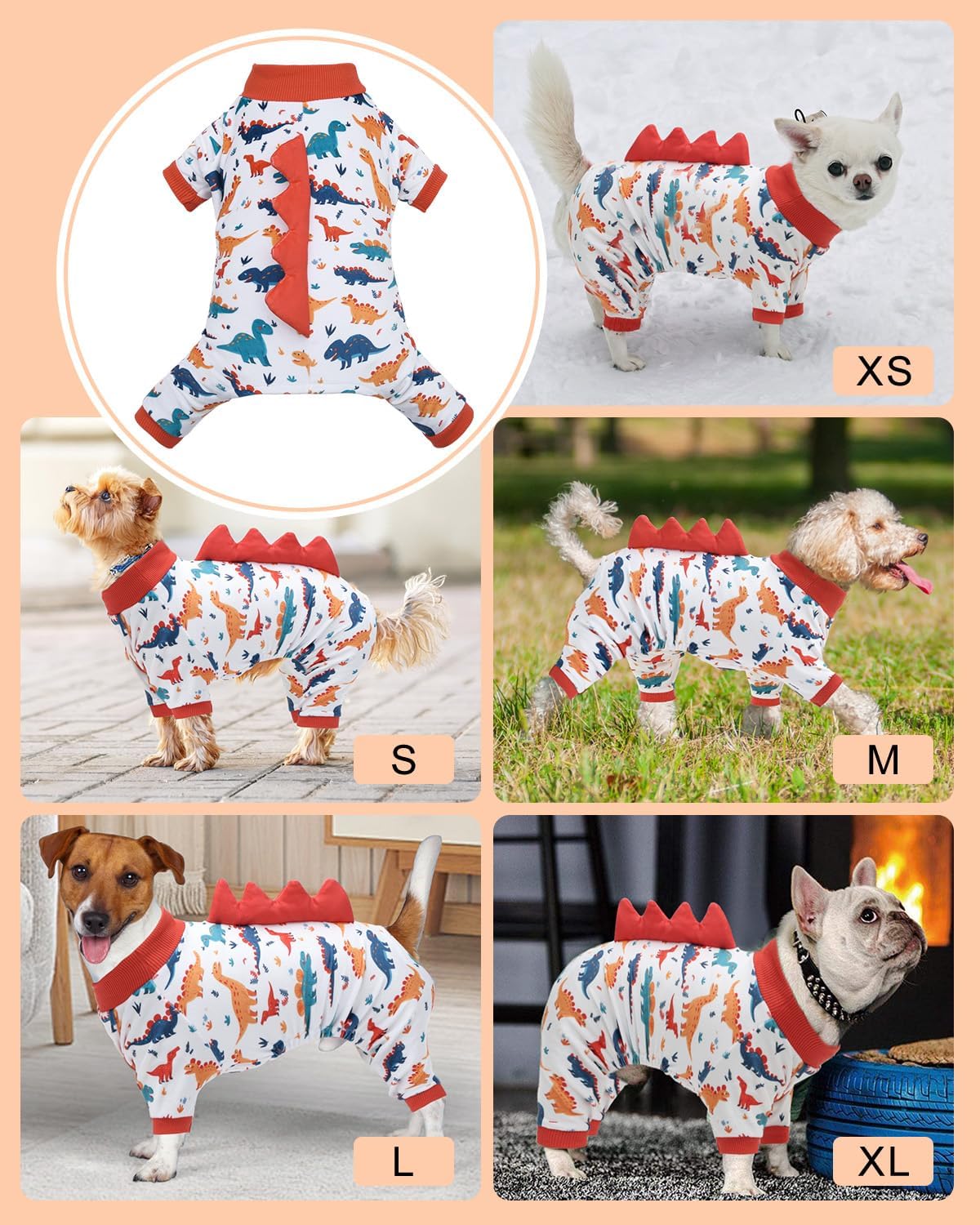 CuteBone Dinosaur Costume Dog Pajamas, Stretchy Spandex Crystal Velvet Sleepwear Coat for Small Dogs, Soft & Warm Pet Outfit Clothes for Cold Weather, Cozy Pullover Design COSP02M