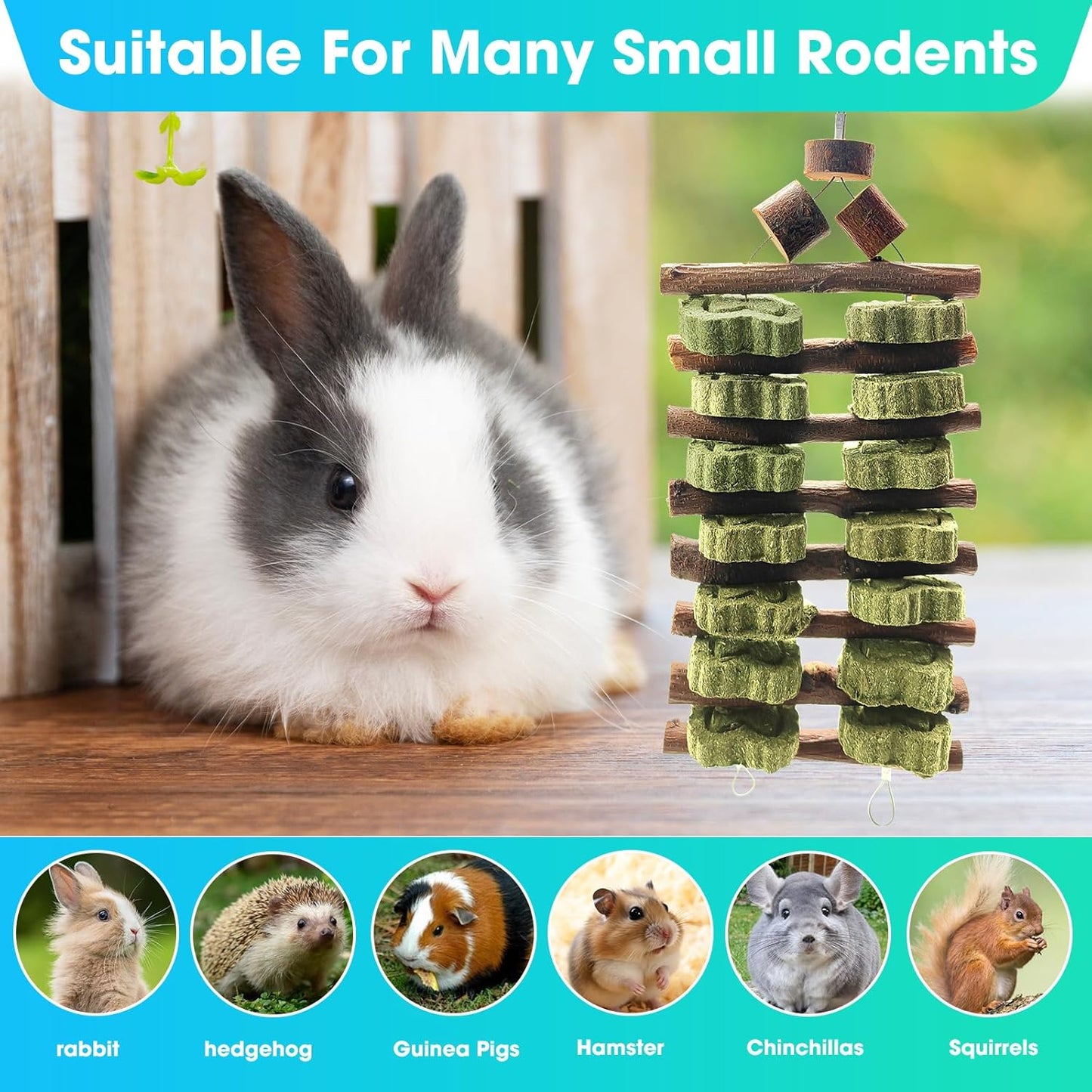 WDEFUN Natural Peach Wood Clover Cake Teeth Grinding Toy String - Rabbit Snack Chewing Toy, Safe and Durable Pet Teeth Grinding Rod, Caring for Dental Health