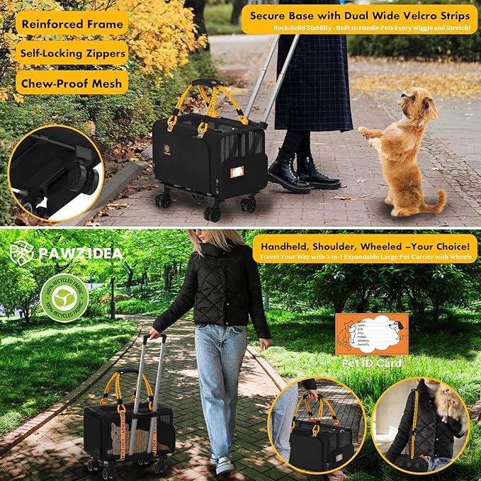 PAWZIDEA Pet Carrier with Wheels, 18x11x11 TSA Airline Approved Cat Carrier for 2 Cats Under Seat, Expandable Soft-Sided Rolling Dog Carriers for Small Dogs Travel Bag with Telescopic Handle, Black