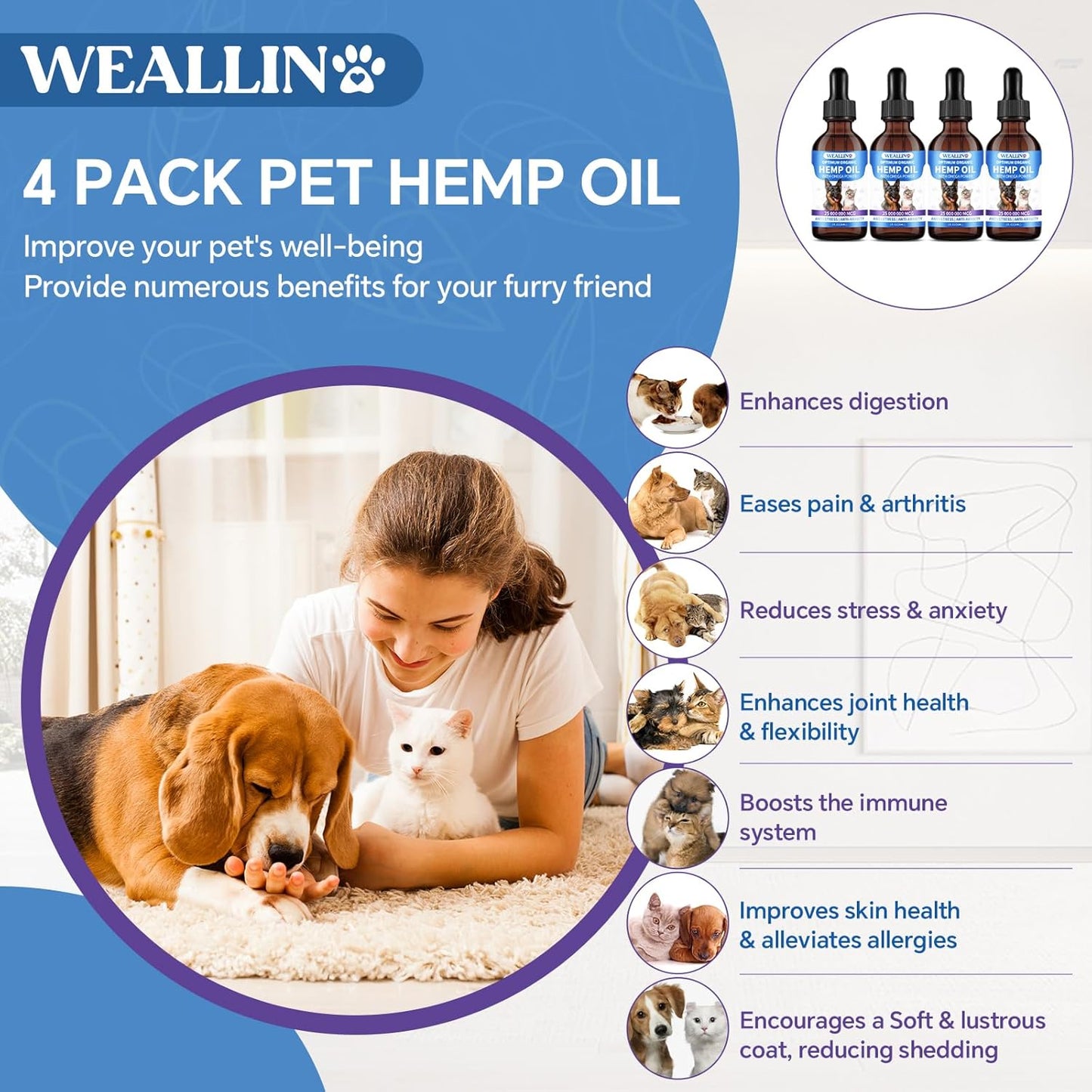 Hemp Oil for Dogs and Cats - Omega-3, 6, 9 Rich Organic Extract - Eases Pet Anxiety, Pain, Skin & Coat Health - Stress Relief, Hip & Joint Support - Calming Treats (4 Pack)