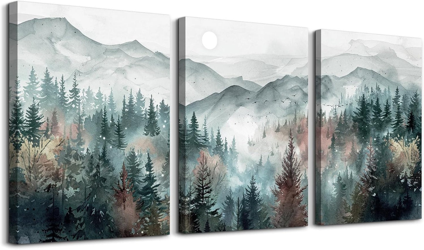 TTHYUEWS Wall Art For Living Room Farmhouse Wall Decor For Bedroom Wall Pictures for Office Fog Forest Mountain Landscape Watercolour Wall Paintings Artwork Ready To Hang Home Decorations 3 Piece