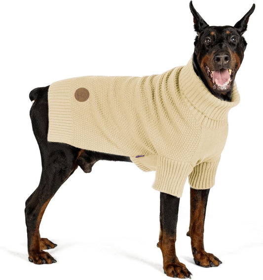 cyeollo Dog Sweater Knitwear with Leash Hole Turtleneck Pullover Sweaters Fall Winter Dog Clothes Sweaters for Large Dogs, Beige XXXL