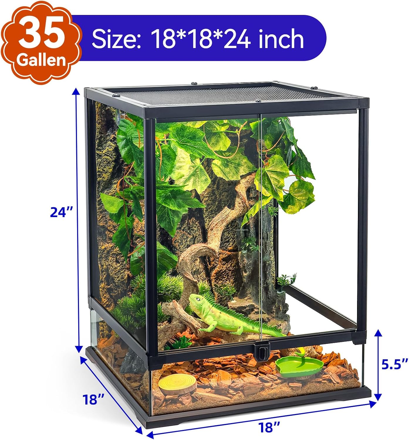 360° Clear View 35 Gallon 24x18x18 Glass Reptile Terrarium Suitable for Bearded Dragon, Chameleon, Crested Gecko, Multi-Pet Enclosure with Front Door, Excellent Ventilation, Hidden Wiring Holes