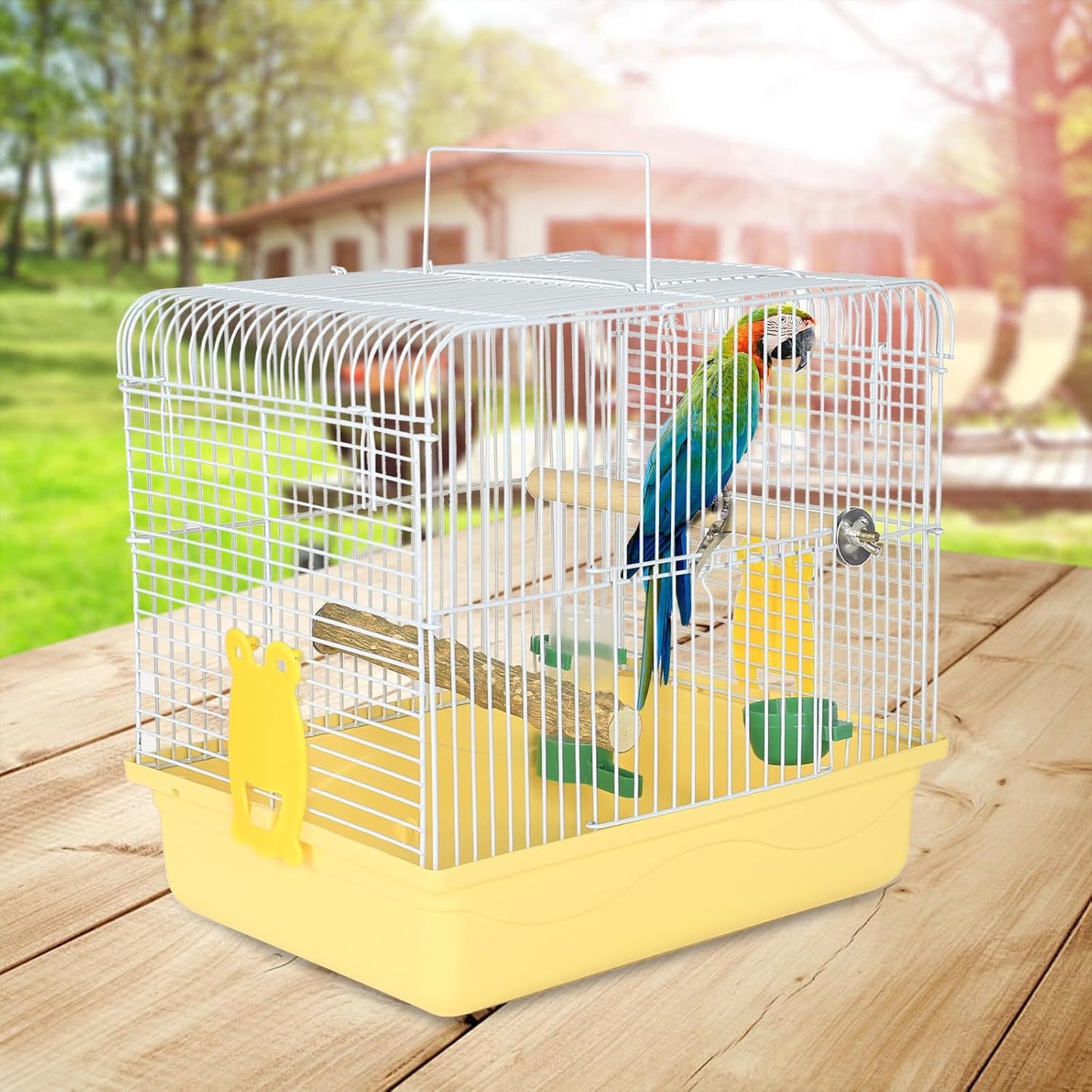 Small Bird Cage, Lightweight for Parakeets, Hanging for Parrot, Travel for Cockatiel, Outdoor Budgie, Pet Products Flat Top Economy Small Animal Cage with Stand Accessories with White Wire, Yellow
