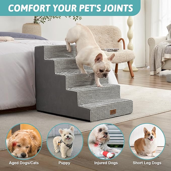 Dog Stairs for Small Dogs, 5 Tier Wider Pet Stairs for High Beds, 23.6" H Non-Slip Dog Steps for Old Cats, Puppies, Small Medium Dogs, 29.5x19.7x23.6 inch, White Black