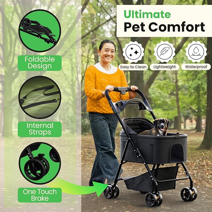 Pet Stroller 3 in 1 Foldable Dog Stroller, Cat Strollers, Foldable pet Strollers & Cat Carrier, Pet Carrier, Lightweight with Cup Holder, Waterproof Max Load 66 lbs, Breathable Mesh Canopy