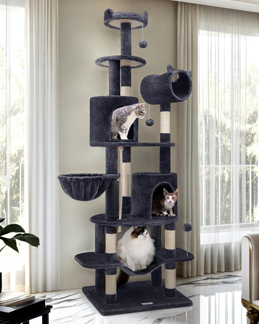 Globlazer Artistic Curved Cat Tower for Small Cats (Under 12 lbs), 81-inch Slim Design Cat Tree with Space-Saving Design, Indoor Cat Condo with Hammock & Tunnel, C81, Dark Gray, Non-Large Cats