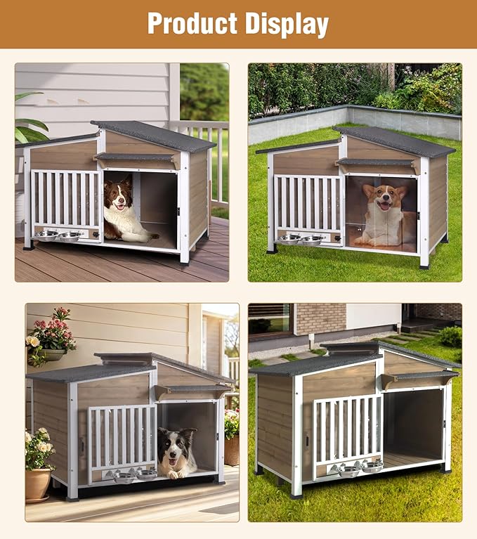 GUTINNEEN Dog House Outdoor with Anti-Chewing Metal Frame, Wooden Dog Kennel with 360° Rotating Feeding Bowl, Weatherproof Roof, for Indoor & Outdoor Use - Brown