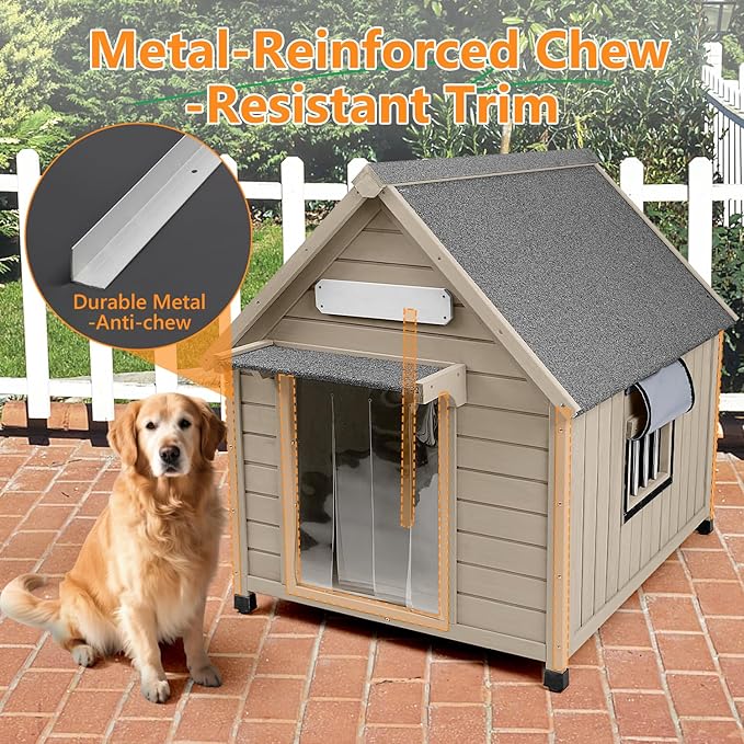 Large Dog House Outdoor Weatherproof, Wooden Dog Kennel Shelter with Anti-Chewing Iron Frame, Removable Floor for Medium to Large Dogs, Easy Clean and Assemble (30.5" L*37.4" W*39.3" H)