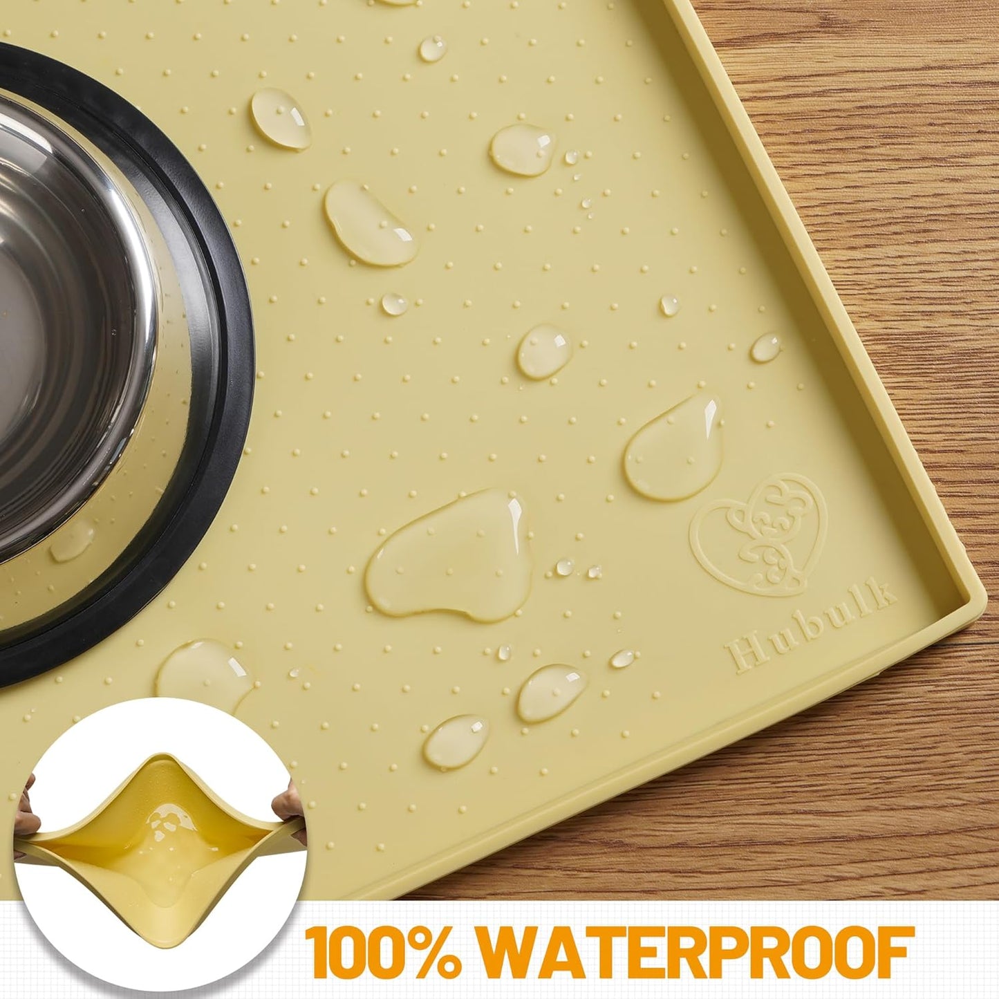 Hubulk Dog Feeding Mat,100% Waterproof Food Grade Silicone Pet Food and Water Bowl Placemat,Dishwasher, High Raised Edge to Prevent Spills,Nonslip Tray to Stop Messes on Floor (19"x12"x0.5", Yellow)