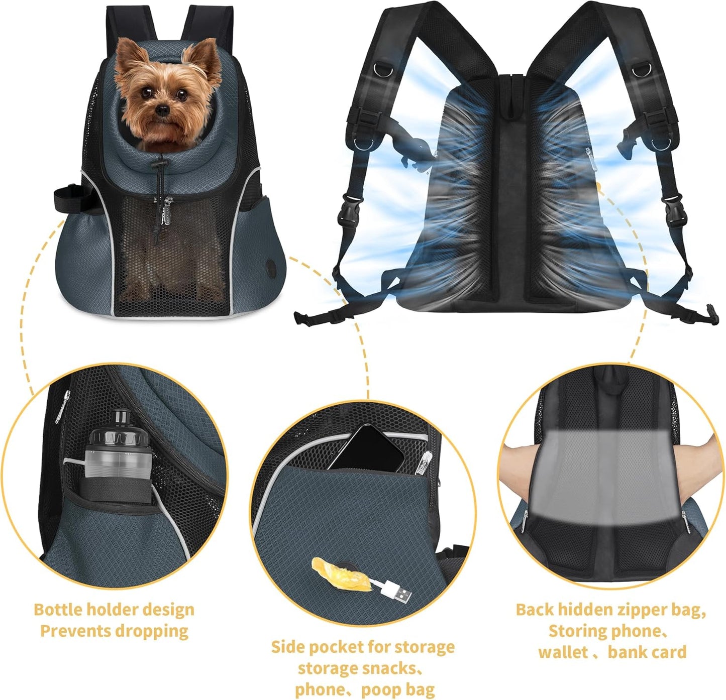 WOYYHO Pet Dog Carrier Backpack Small Dog Front Backpack Ventilated Mesh Dog Travel Back Pack with Safety Belt for Travel Hiking Cycling Outdoor Adventures (Size L: 10-14 lbs, Dark Gray)