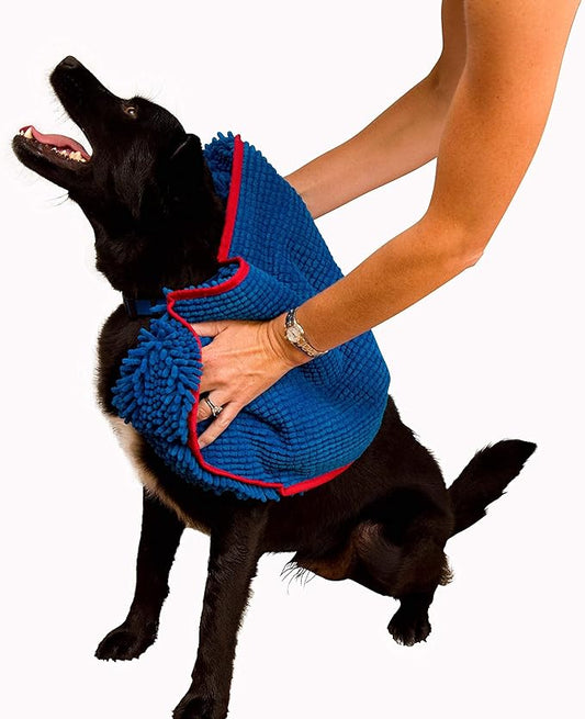 Soggy Doggy Super Shammy Dog Towel - Microfiber Chenille Towel for Drying Dogs and Cleaning Paws - Fast Drying with Hand Pockets for Ease (Blue/Red Trim, 31” x 14”)
