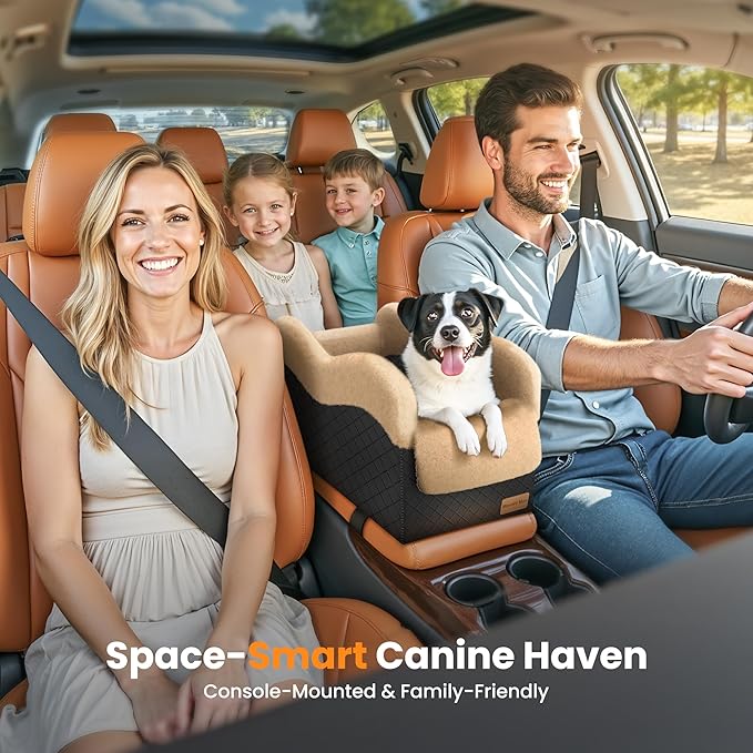 Portable Small Dog Seat for Car,Luxury Center Console Dog Car Seat Booster with Safety Tethers,Auti-Collapse Pet Travel Carrier for SUV,Truck.(Black/Brown)