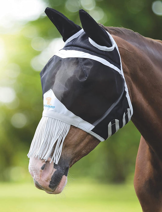 Shires Fine Mesh Horse Equine Fly Mask with Ears and Nose Fringe 60% UV Protection (Small Pony, Black)