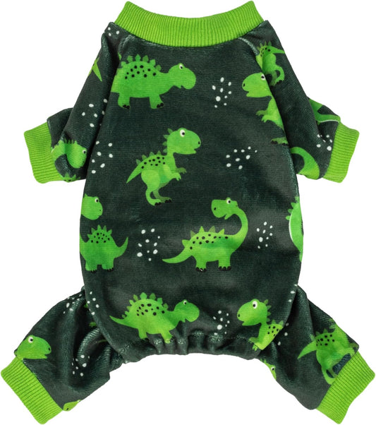 Fitwarm Dinosaur Dog Fleece Pajamas, Warm Clothes for Small Dogs Boy, Cozy Pet Onesie with Feet, Dark Green, Bright Green, XXL