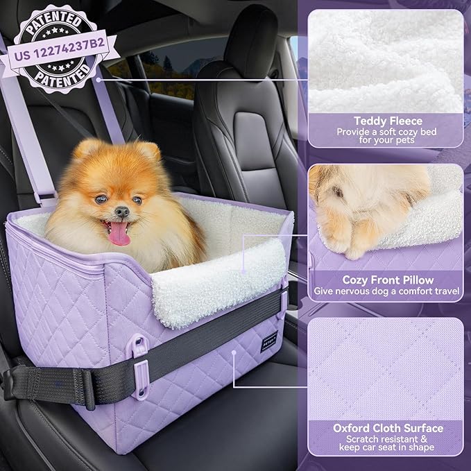 PETSFIT Dog Car Seats for Small Dogs, Patent Safe Buckles Cat Car Seat, Car Seat for Dogs with Safety Belt, Suitable for Small Pets Up to 25lbs (Lavender Purple)