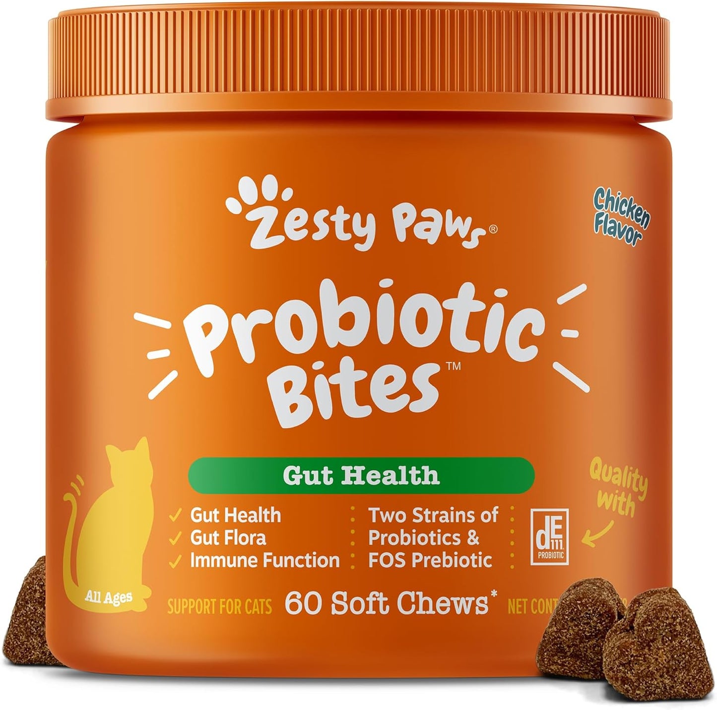 Zesty Paws Probiotic Bites for Cats - Gut Flora & Immune System Support - Cat Supplement with DE111 Bacillus subtilis - Pet Soft Chews with Probiotics & Prebiotics for Digestive Health - 60 Count