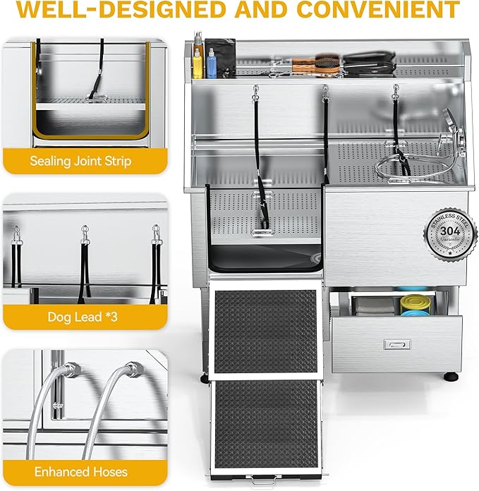 DWVO Professional Dog Bathing Station Stainless Steel 304 Pet Bathtub, 50in Dog Grooming Tub w/Right Door Ramp, 2 Storage Drawers, Grate, Pet Washing Station for Large, Medium, Small Pets