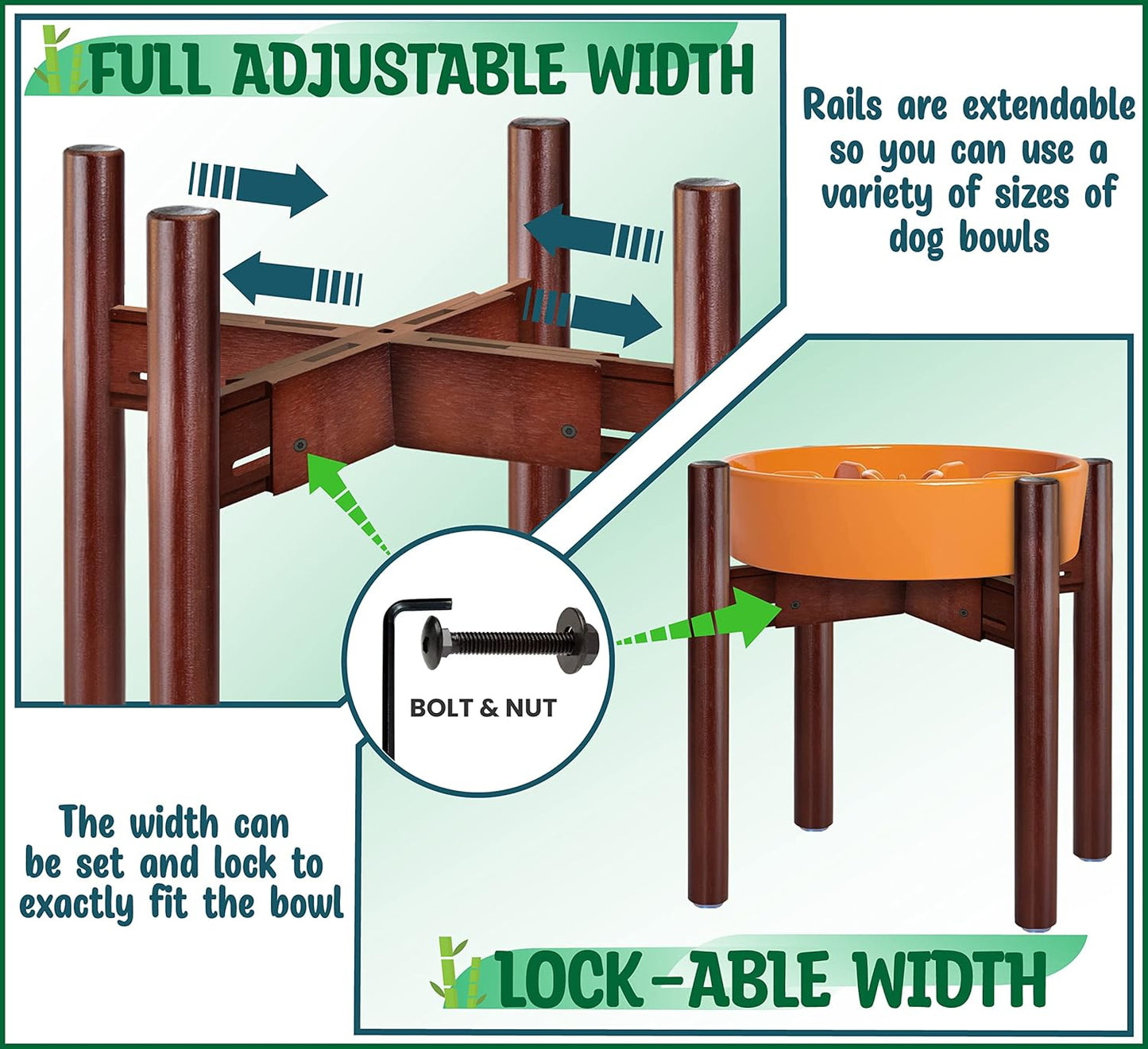 Stand for Dog Water/Food Bowl, Fountain Dishes and Feeders - Makes 14-inch High, Ideal for Large Breeds - Adjustable Sideways with Lock, Dark Wood - Bowls Not Included