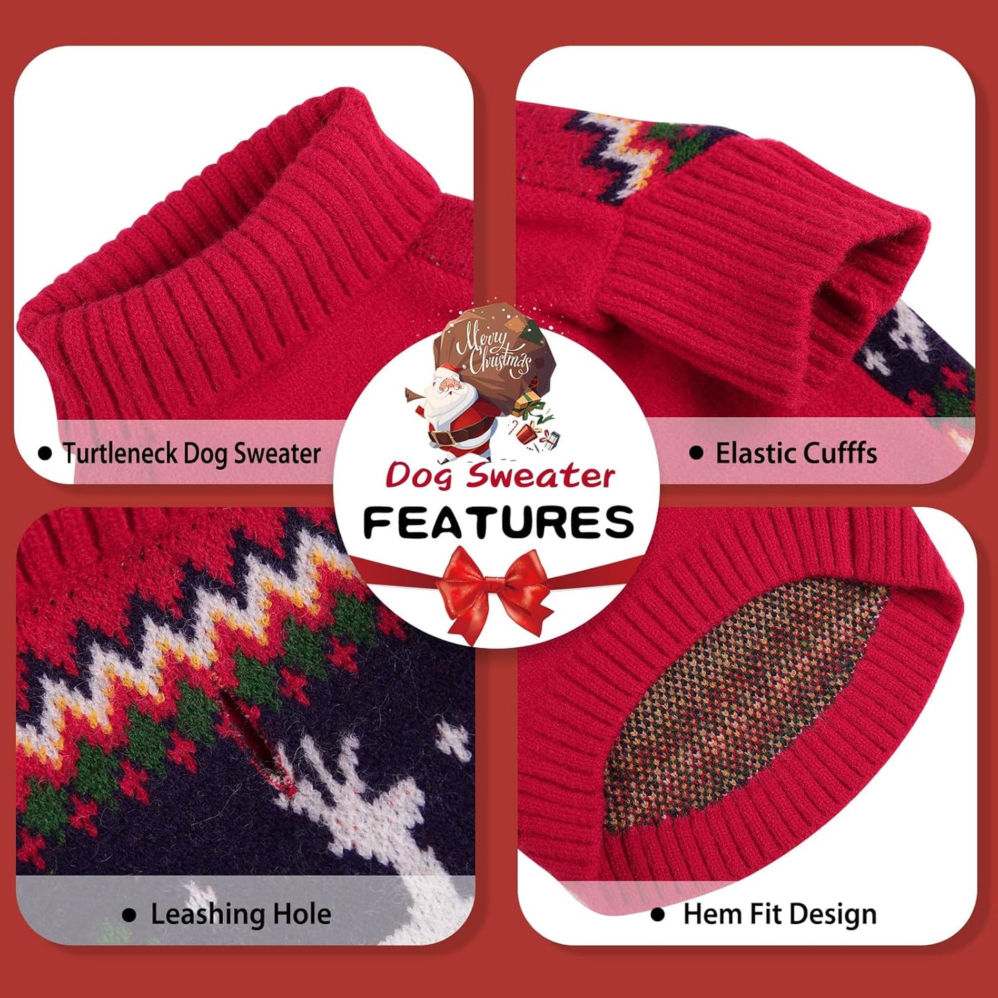 Queenmore Christmas Dog Sweater,Knitted Pullover Christmas Clothes for Dogs,Turtleneck Doggy Christmas Outfit, Warm Dog Sweaters for Small Dogs Boys or Girls L