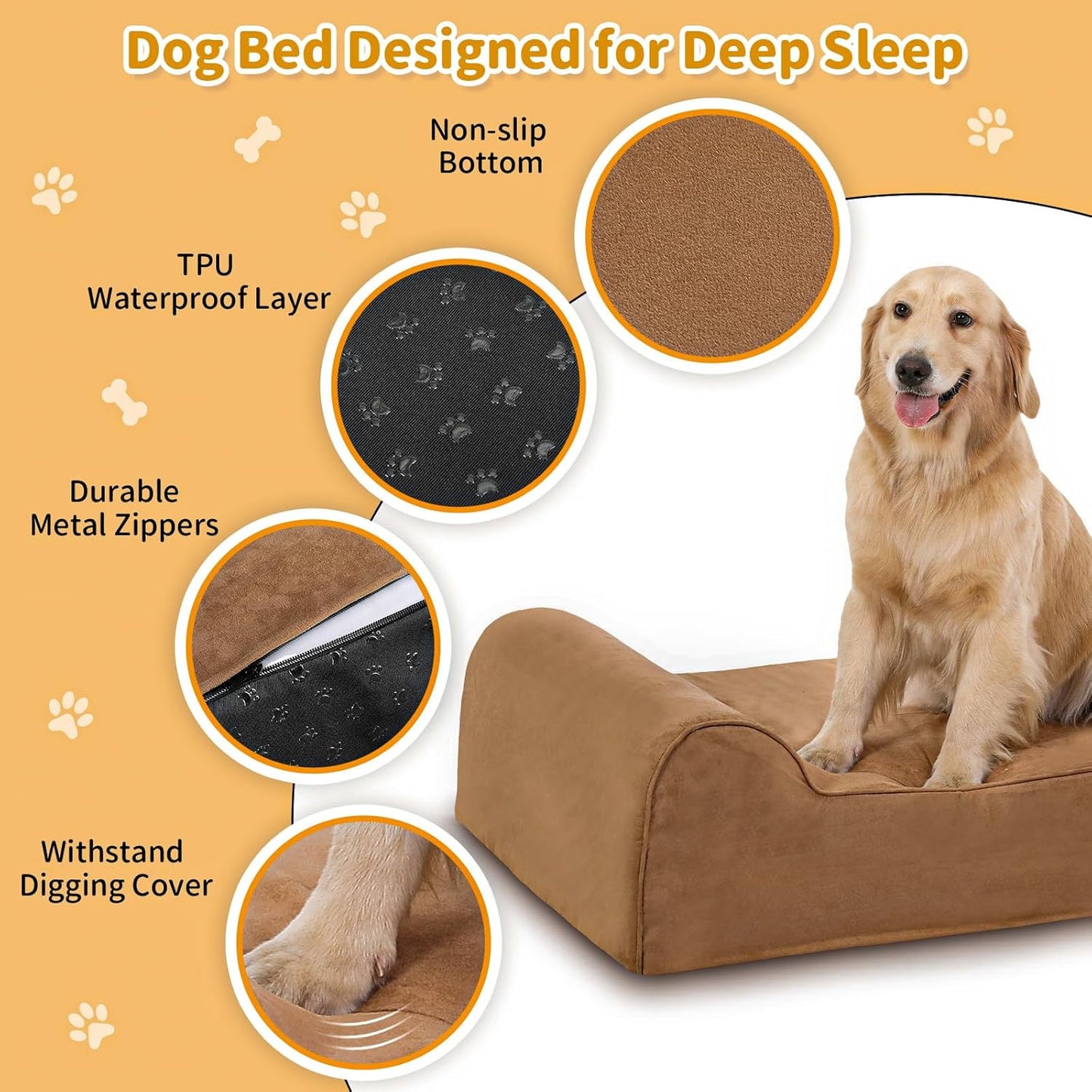 Large Orthopedic Dog Bed, 7" Memory Foam with Waterproof Liner, Chew Resistant Microsuede Cover, Removable and Washable, for Indoor, Outdoor, and Car Use, Nonskid Base, 48"x30" L Khaki