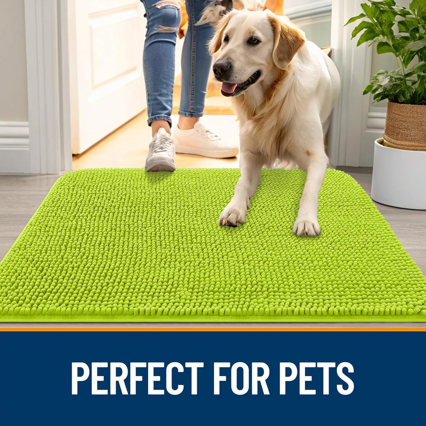 OLANLY Dog Door Mat for Muddy Paws 44x24, Absorbs Moisture and Dirt, Absorbent Non-Slip Washable Doormat, Quick Dry Chenille Mud Mat, Entry Indoor Entryway Carpet for Inside Floor, Bright Green