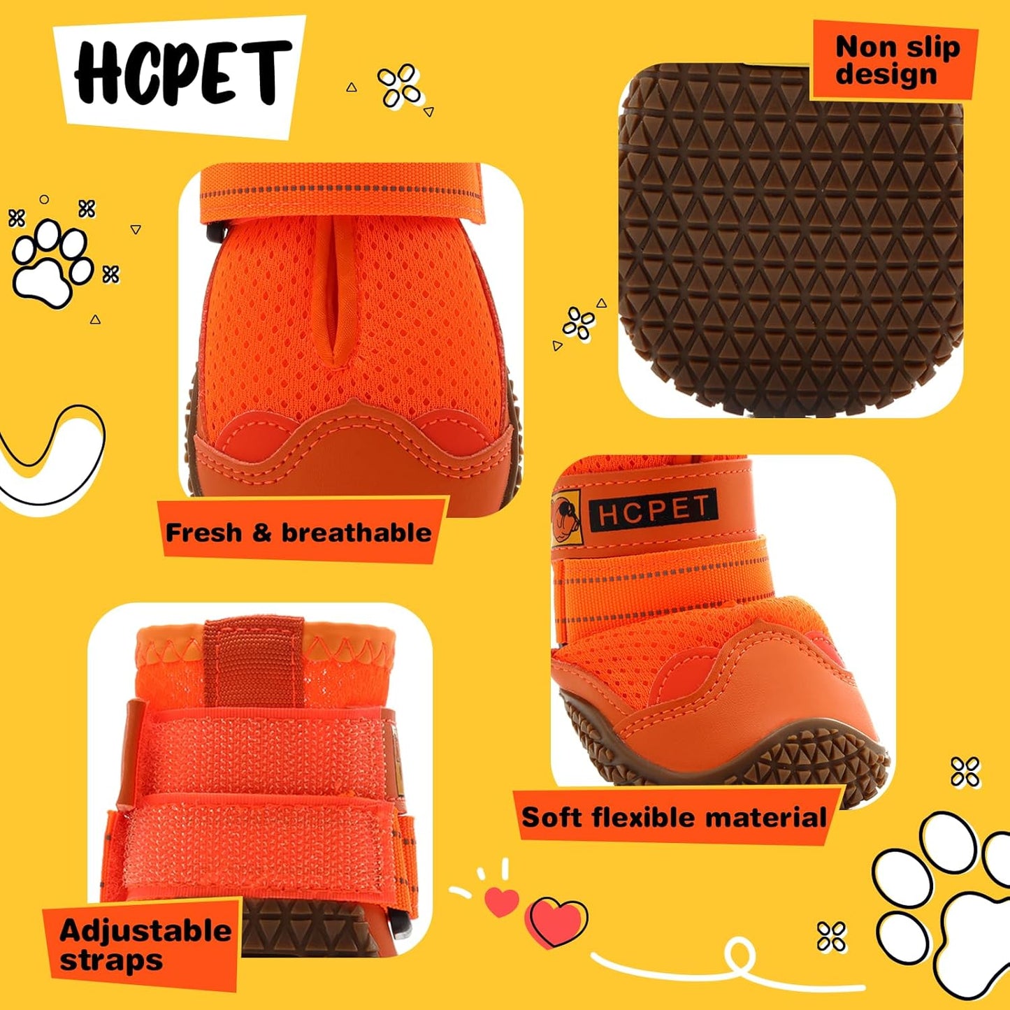 Hcpet Dog Shoes for Large Dogs, Breathable Dog Booties for Small Medium Dogs, Anti-Slip Dog Boots & Paw Protectors for Hot Pavement Winter Snow Hiking with Reflective Straps Orange Size 2