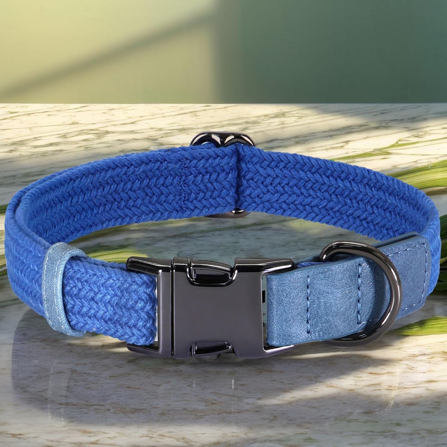 PET ARTIST Soft Cotton Dog Collar for Small Dogs in Tranquil Blue, Simple Dog Collar with Quick Release Metal Buckle & D Ring, S Size (10-16")