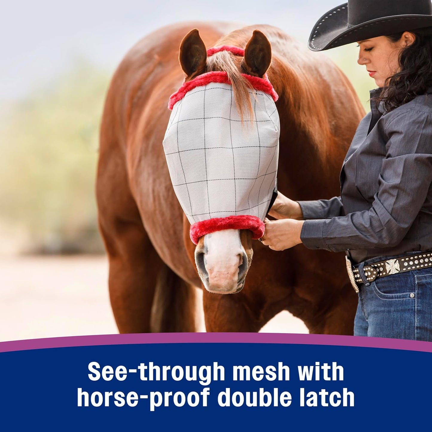 Farnam SuperMask II horse fly mask without ears, extended coverage, protects eyes from insects and debris, adjustable throat latch, Yearling size