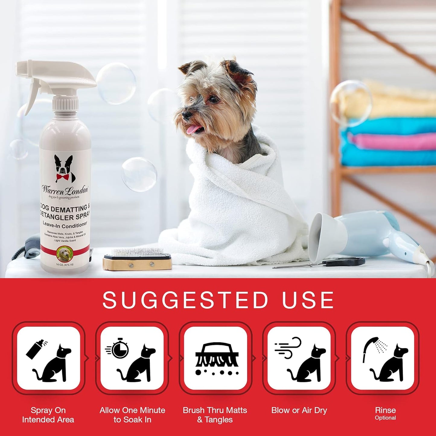 Warren London Dog Mat Remover Combo | Detangling Spray 16oz & Rake Brush | Tackles Tangles, Knots & Mats | 16oz Aloe & Jojoba Spray + Grooming Rake | $40 Value – Only $29.99