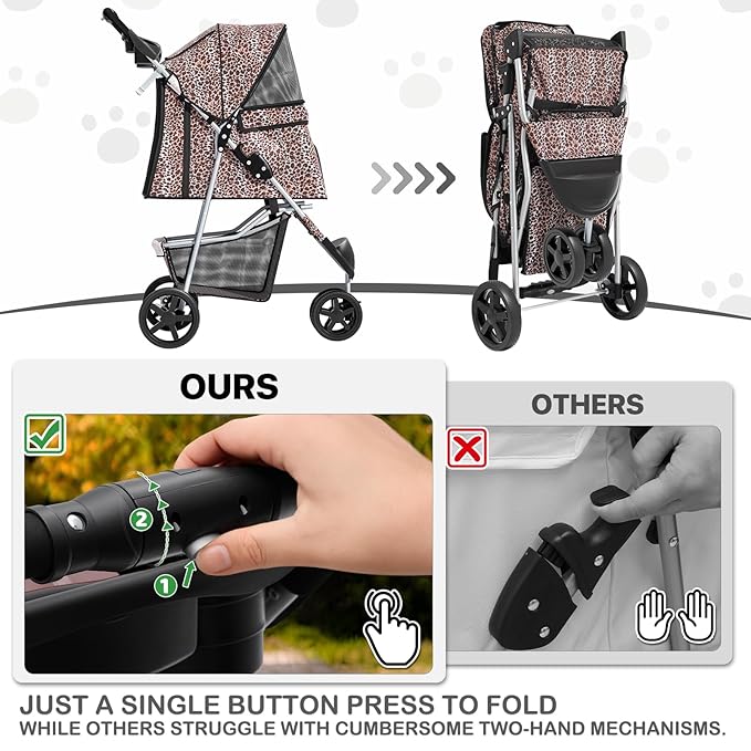 MoNiBloom 3 Wheels Pet Dog Cat Stroller for Small Medium Dogs Cats, Lightweight Foldable Jogger Stroller w/Storage Basket & Cup Holder, Leopard Print