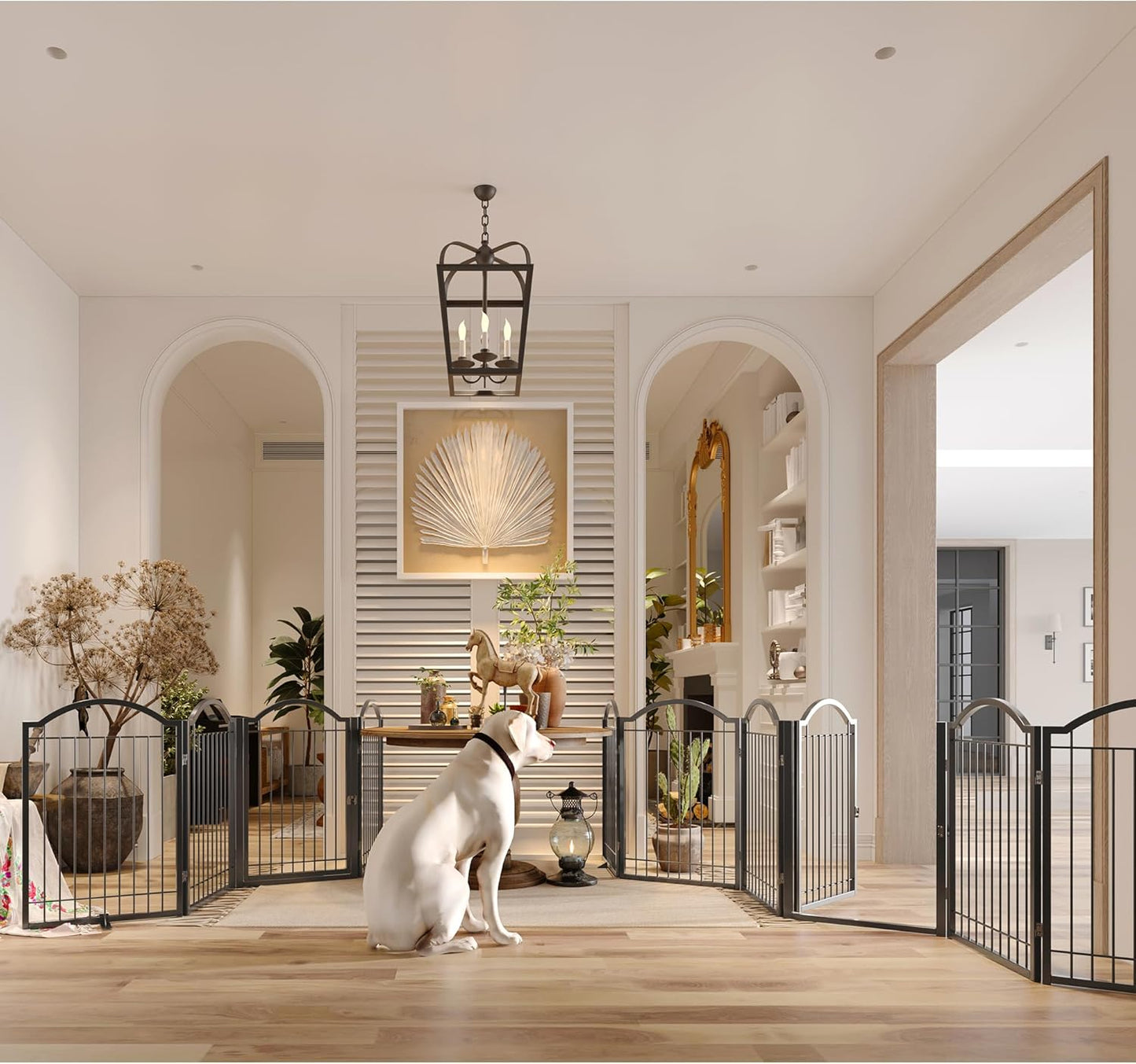 BHG Metal No-Assembly Freestanding Dog Gate with Door Walk Through, Extra Wide 144", Extra Tall 32" Pet Gate, Accordion Puppy Folding Playpen Dog Fence, with 2PCS Support (Black, 6 panesl)