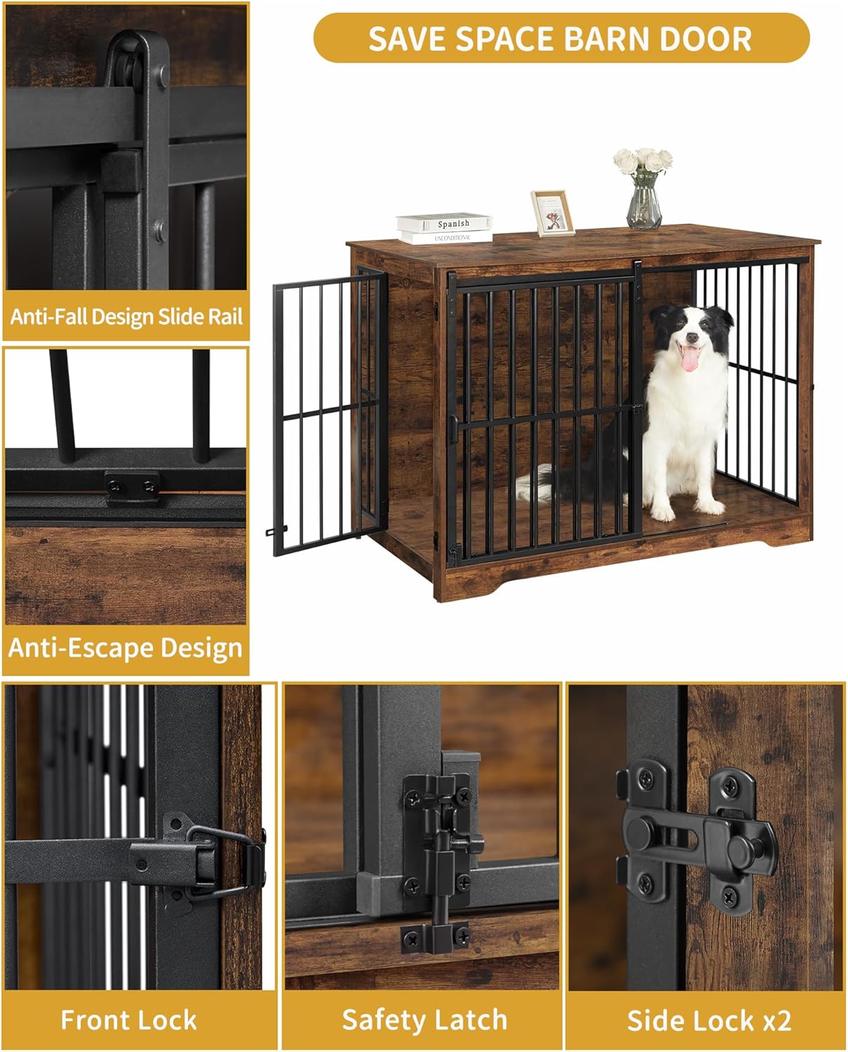 XXL Large Dog Crate Furniture, 46.9" Indoor Dog Kennel Furniture with Barn Door, Wooden Tall Dog Crate, Heavy Duty Dog Cage for Large Dogs, Side End Table, Anti-Chew, Rustic Brown DFC83801B