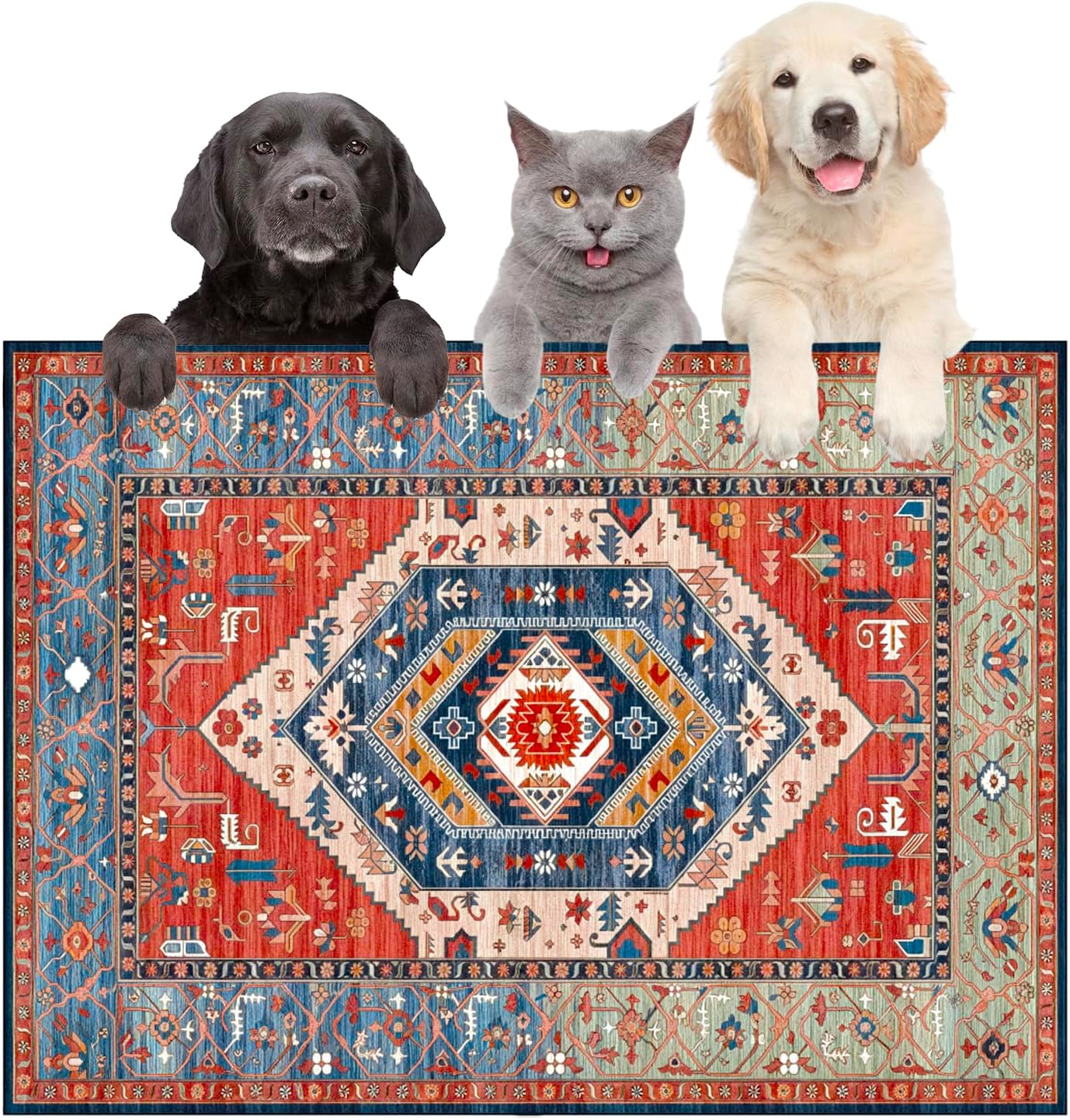 Large Boho Dog Cat Food Mats for Floors, Absorbent Dog Bowl Mat for Food and Water Dispenser Mat, Quick Dry Pet Supplies(Vintage Red, 36'' x 24'')