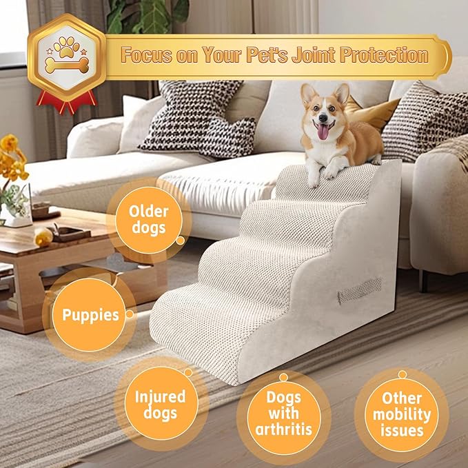 PAWSCART Dog Stairs for Small Dogs and Cats, 4-Step Dog Steps for Bed, 19.6" H Pet Stairs for High Bed, Pet Ramp for Couch, Sofa, Non-Slip Surface Removable Washable Cover, Beige