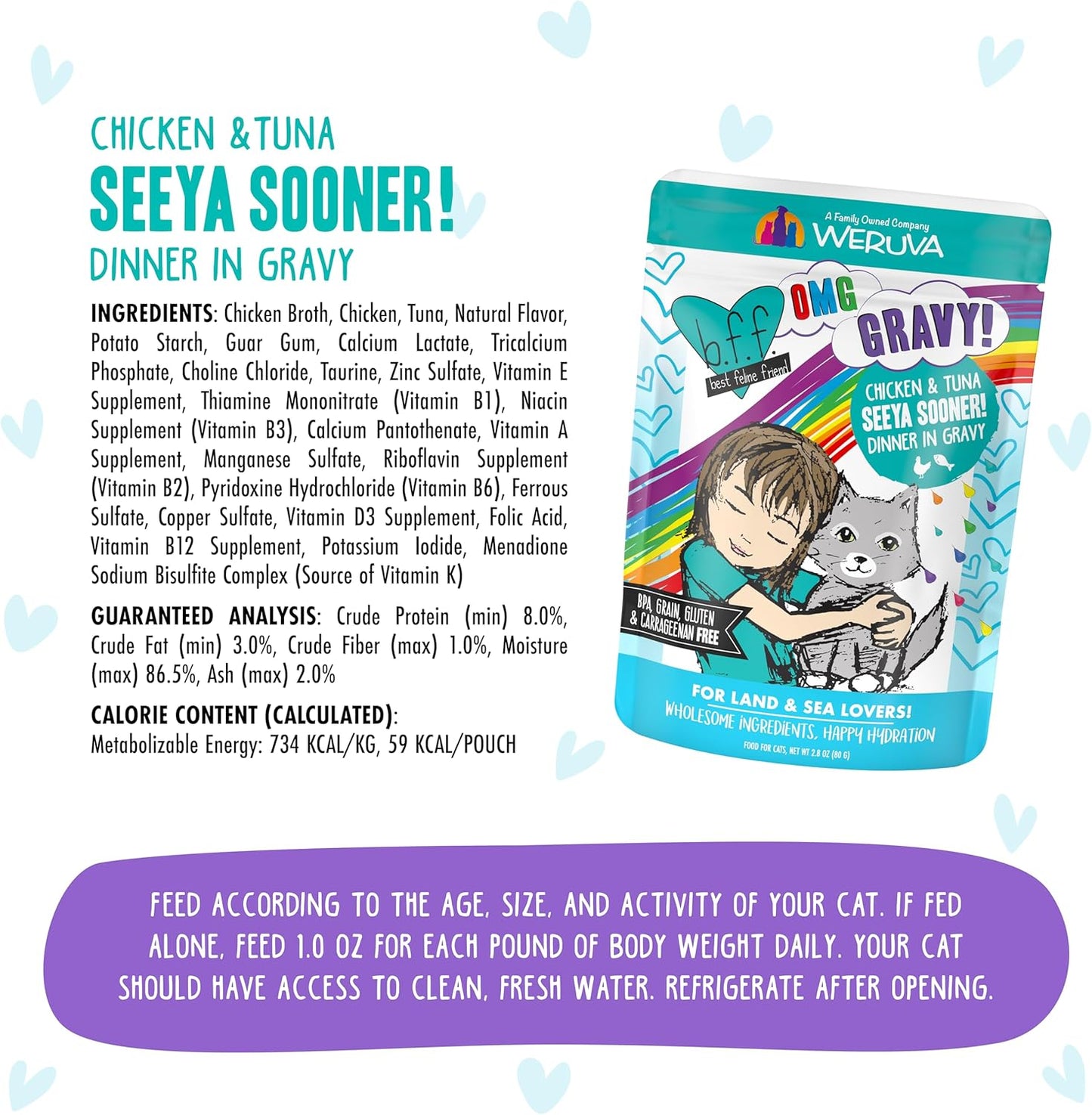 Weruva B.F.F. OMG - Best Feline Friend Oh My Gravy!, Seeya Sooner! with Chicken & Tuna in Gravy Cat Food, 2.8oz Pouch (Pack of 12)