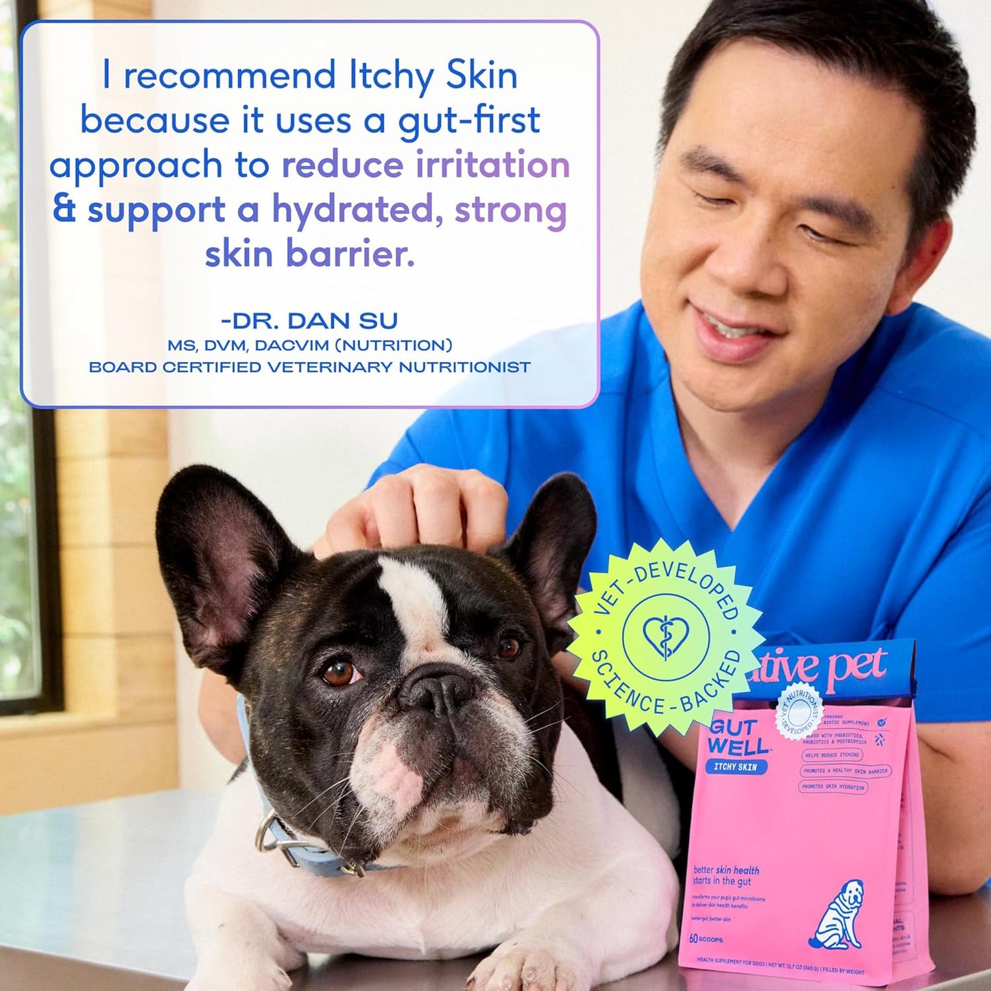 GutWell Itchy Skin - Dog Itching Skin Relief & Seasonal Allergy Itch Relief for Dogs - Promotes Skin Hydration, Elasticity & Healthy Barrier with Triple-biotic Blend, Zinc, & Vitamin E - 60 Scoops