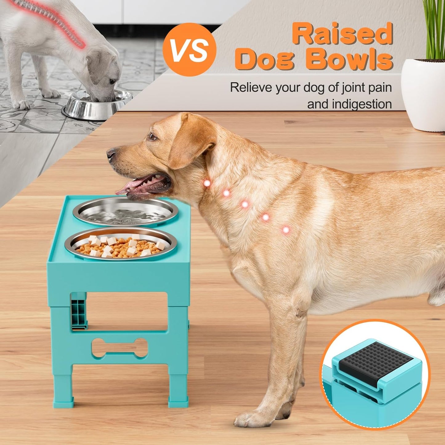Elevated Dog Bowls with 2 Stainless Steel Bowls, Raised Dog Food Bowl Stand 5 Height Adjustable (3.1", 9", 10", 11", 12") Non-Slip Feeder Set for Medium and Large Dogs - Turquoise