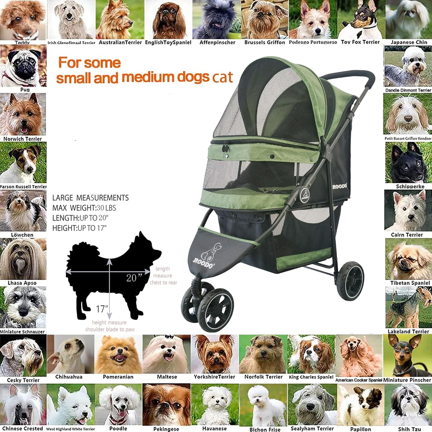 ROODO 3 Wheel Pet Stroller Best Lightweight Foldable Compact Portable Jogger All Terrain Travel Pet Gear Puppy Kitty Stroller for up to 30lbs Medium Small Dogs and Cats(Green)