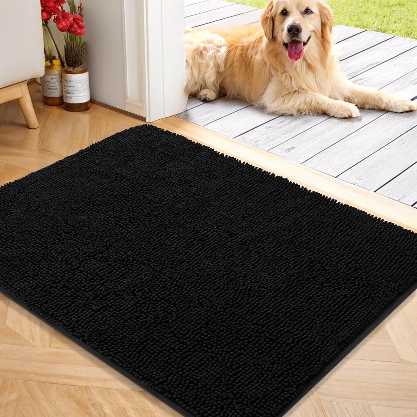 OLANLY Dog Door Mat for Muddy Paws 40x32, Absorbs Moisture and Dirt, Absorbent Non-Slip Washable Doormat, Quick Dry Chenille Mud Mat for Dogs, Entry Indoor Entryway Carpet for Inside Floor, Black