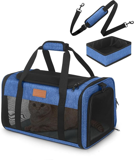 PETUX TSA Approved Pet Carrier in Cabin, 17"x11"x9.5" Soft Cat Carriers for Small Cats up to 12 lb, Top-Open Portable Dog Carrier with Litter Box and Anti-Scratch Mesh for Puppy up to 10 lb (Blue)