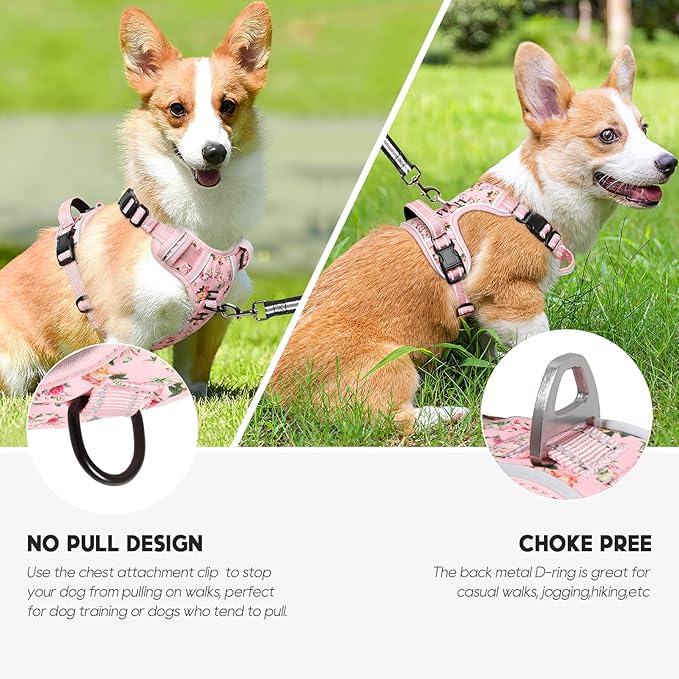 Timos No Pull Dog Harness,NO Need Go Over Dogs Head 3 Snap Buckles Reflective Oxford No Choke Harness with Front & Back 2 Metal Leash Clips Soft Padded for Small Medium Large Dogs Pink S