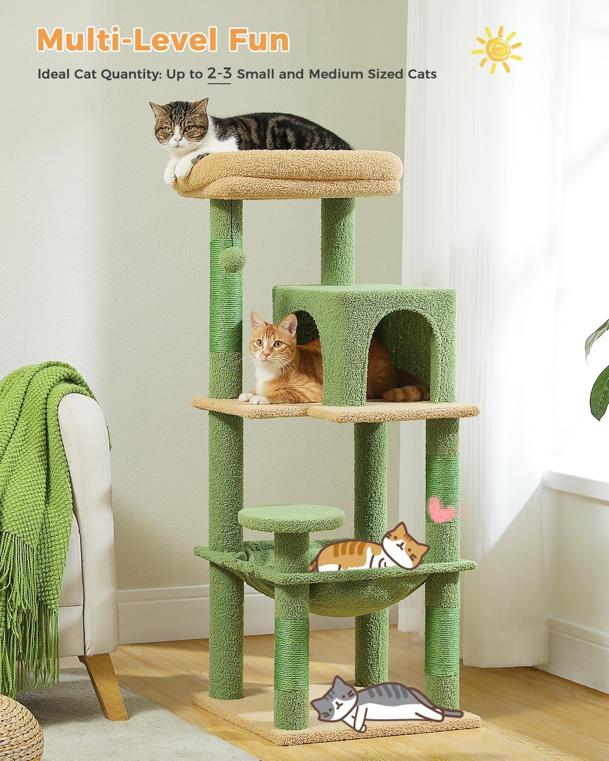 Cactus Cat Tree for Indoor Cats, 45.7" Multi-Level Cat Tower with Large Metal Frame Hammock, Cat Condo with 4 Scratching Posts and Top Perch, Green