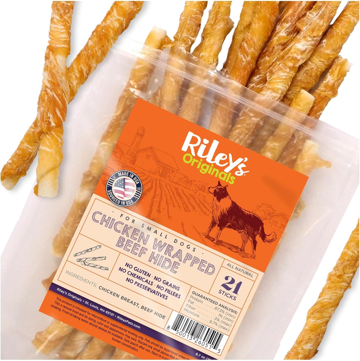 Riley's Chicken Wrapped Beef Sticks - Made with USA Sourced Dehydrated Chicken Breast & Beef Hide - Dog Snacks for Small Dogs and All Natural Chew Sticks - 21 Small Twists
