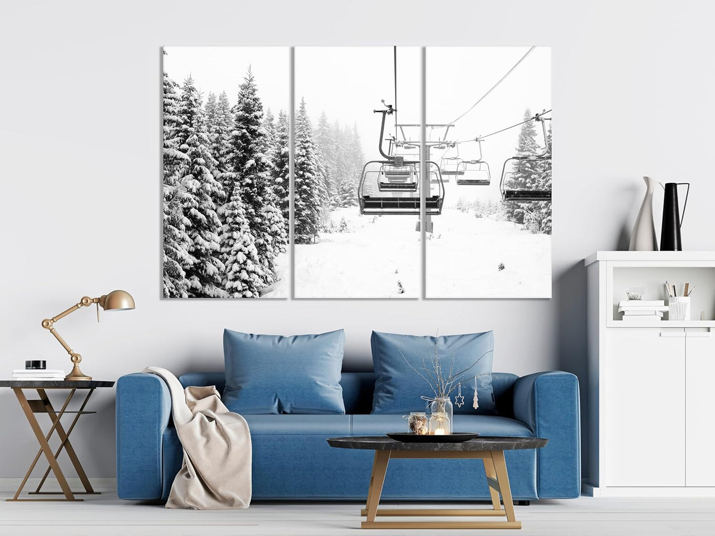 Nature Wall Art Prints - Ocean Forest Mountain Lake Canvas Landscapes - Small to Extra Large Living Room Bedroom Kitchen Bathroom Décor (Ski Lift on Snowy Mountain, 31L" x 47W" - 3 Panels)